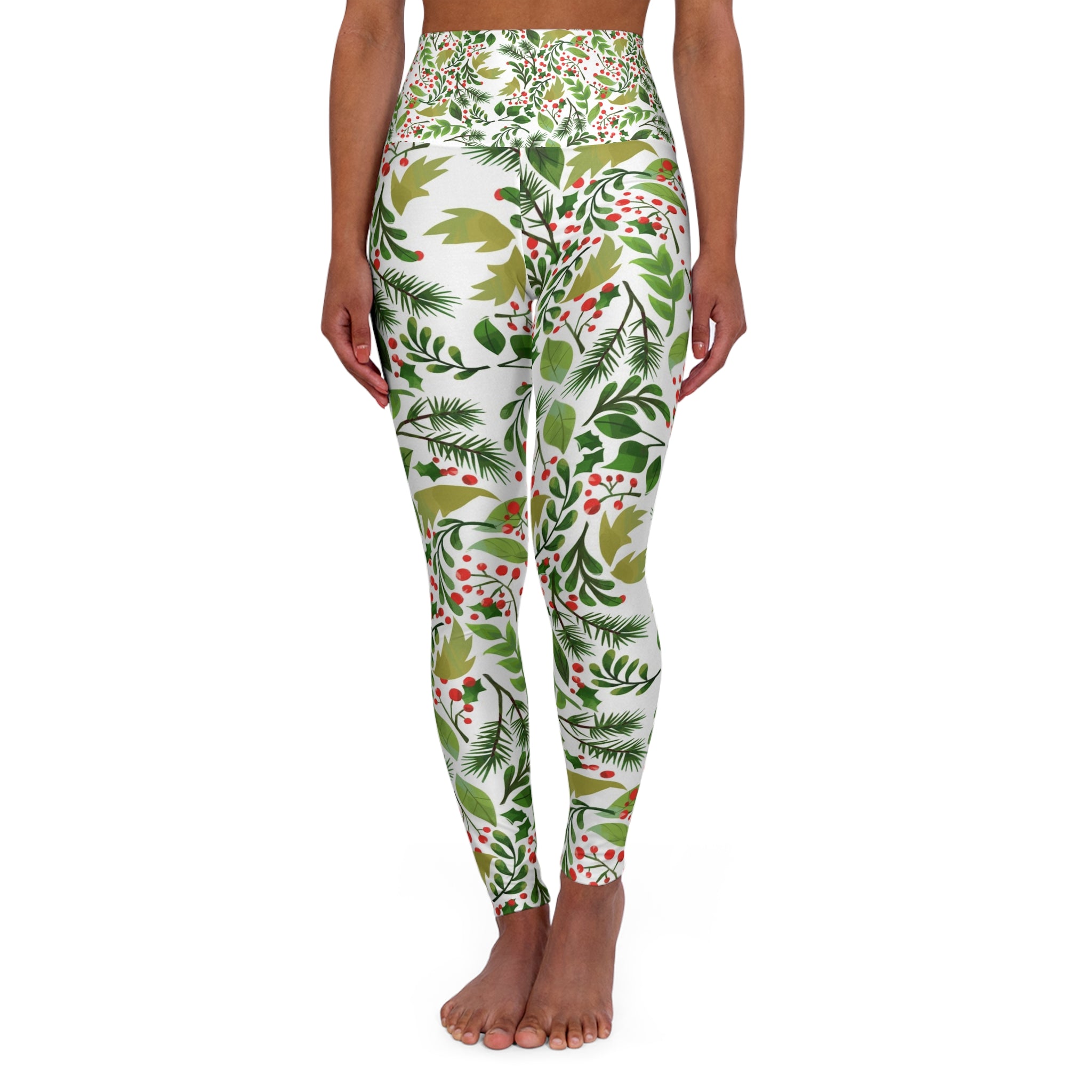 Festive High Waisted Yoga Leggings - Holiday Floral Print